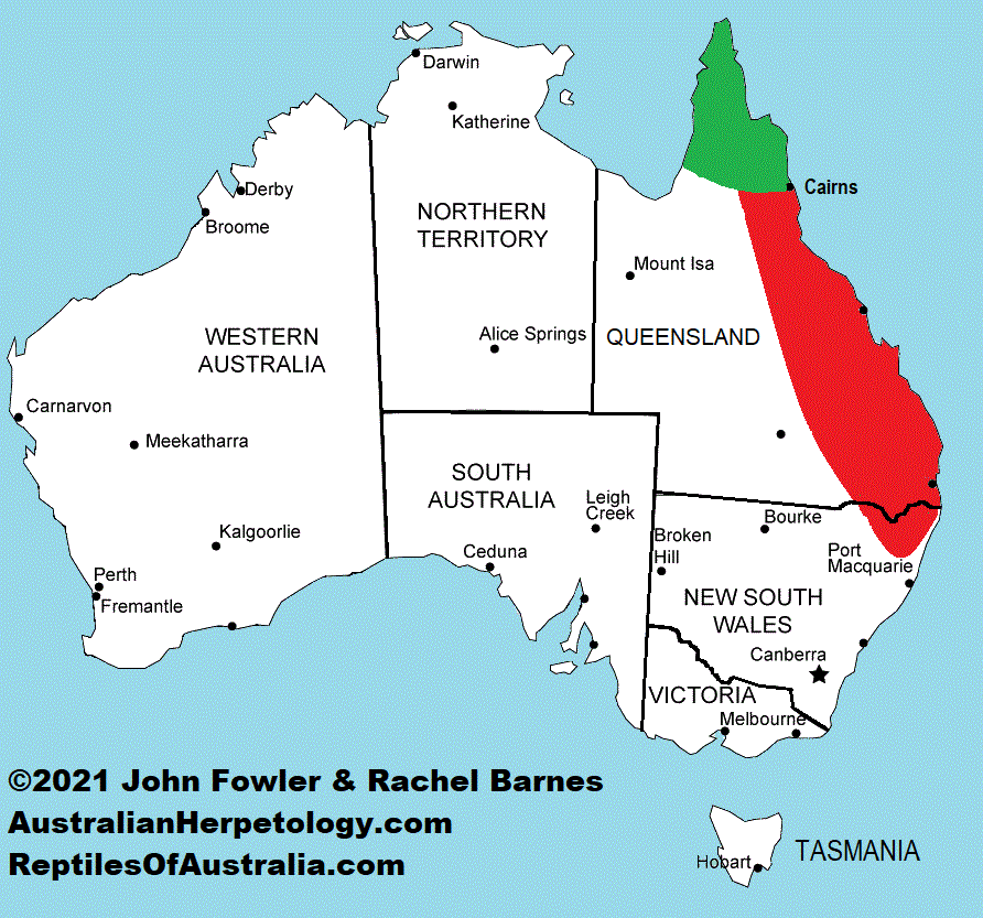Approximate distribution of the Peninsula Spotted Python (Antaresia maculosa peninsularis) shown in Green